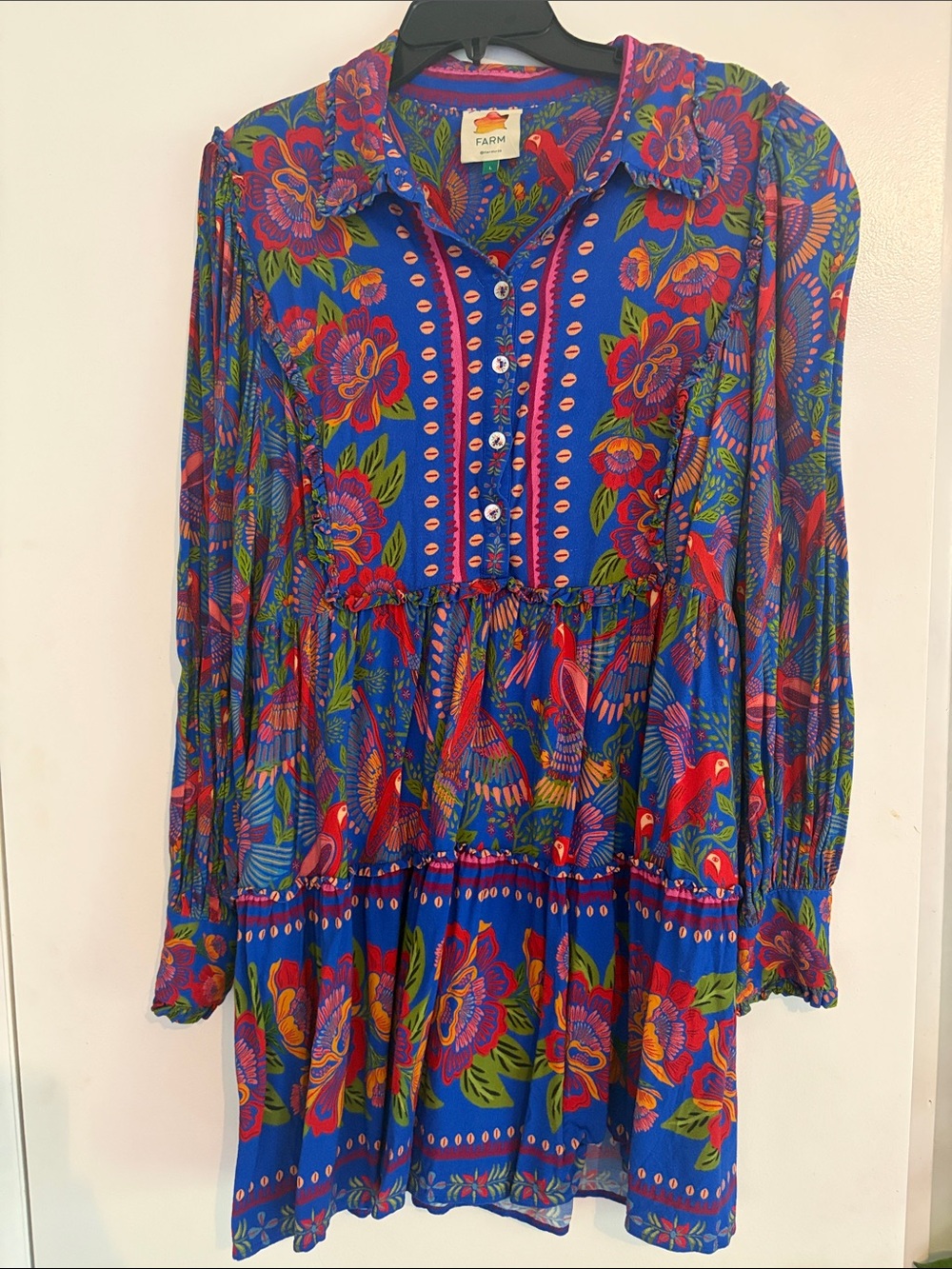FARM Rio Royal Blue Floral & Bird Print Long-Sleeve Dress
